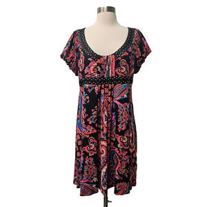 Betsey Johnson Short Puffy Sleeve Dress Size L Black Red Scoop Neckline Paisley